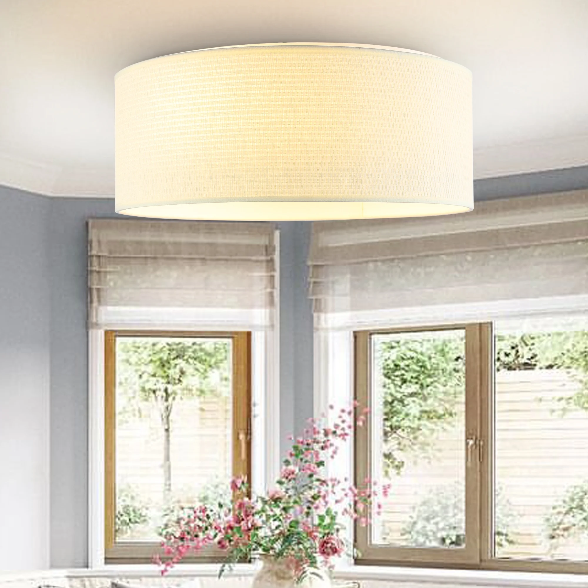 LEDET 15.7 in. Yellow Flush Mount Ceiling Light Rattan Weaving Shade Home Decor Pendant Lighting