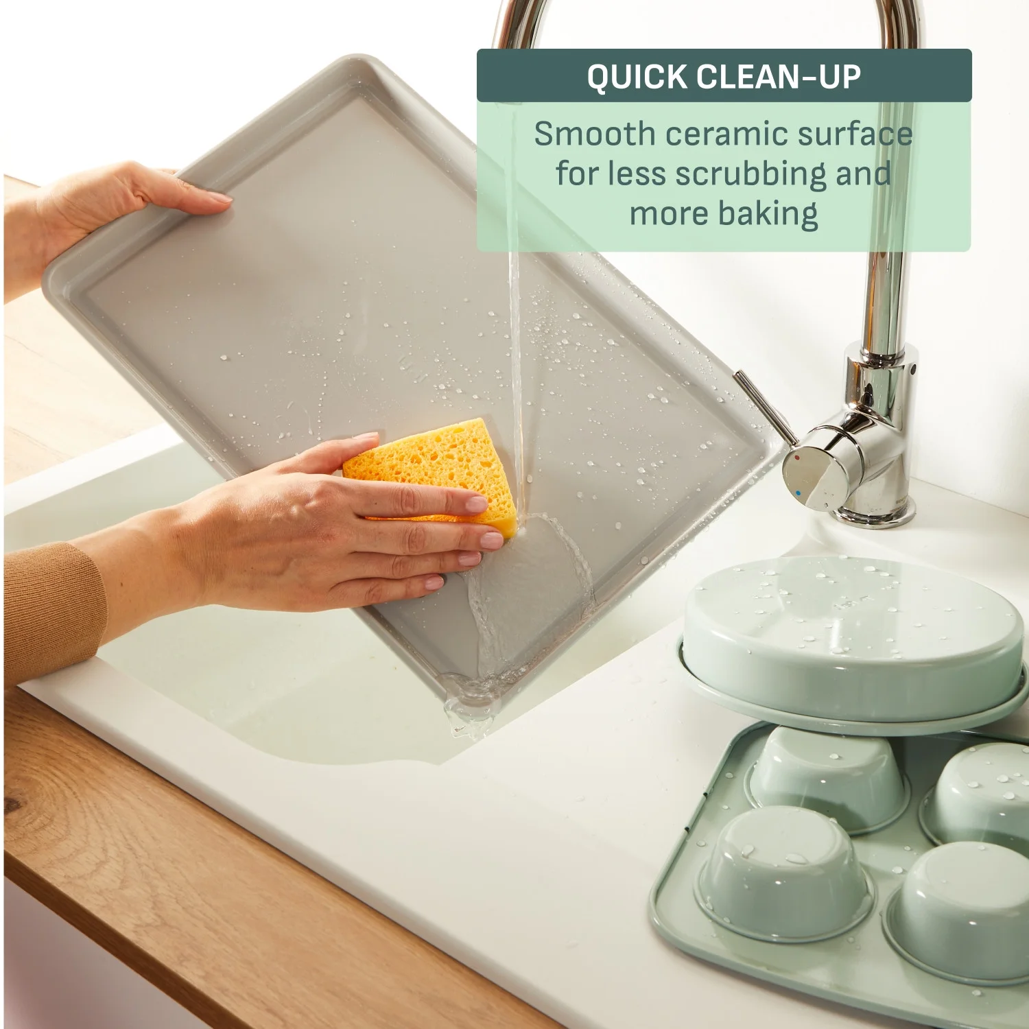 T-fal Stackable Ceramic Non-Stick Bakeware, 5 Piece Set, Mint Green
