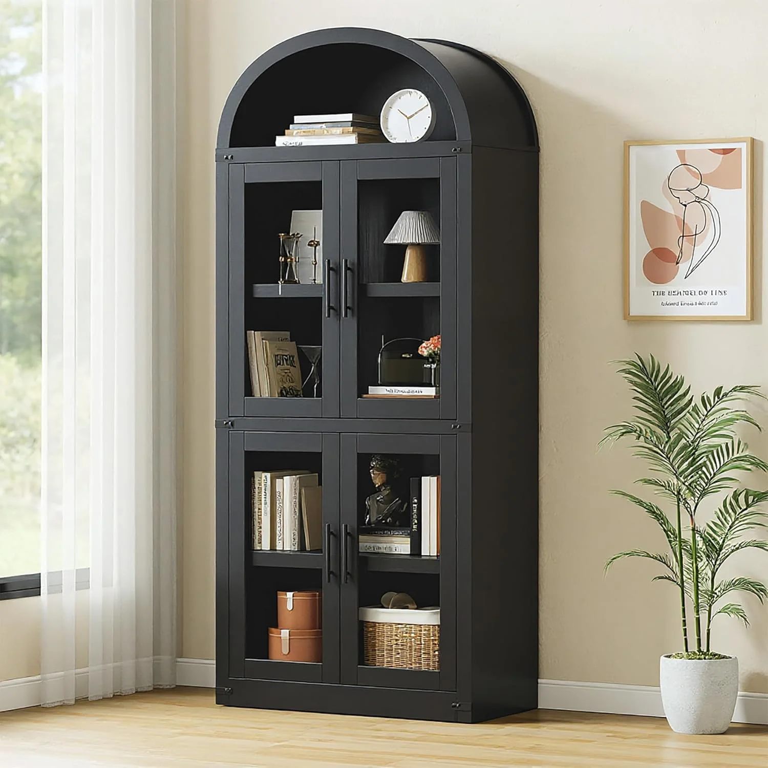 AOILE 72" Tall Arched Farmhouse Bookcase with Doors, Wooden Display Cabinet with Storage Shelves