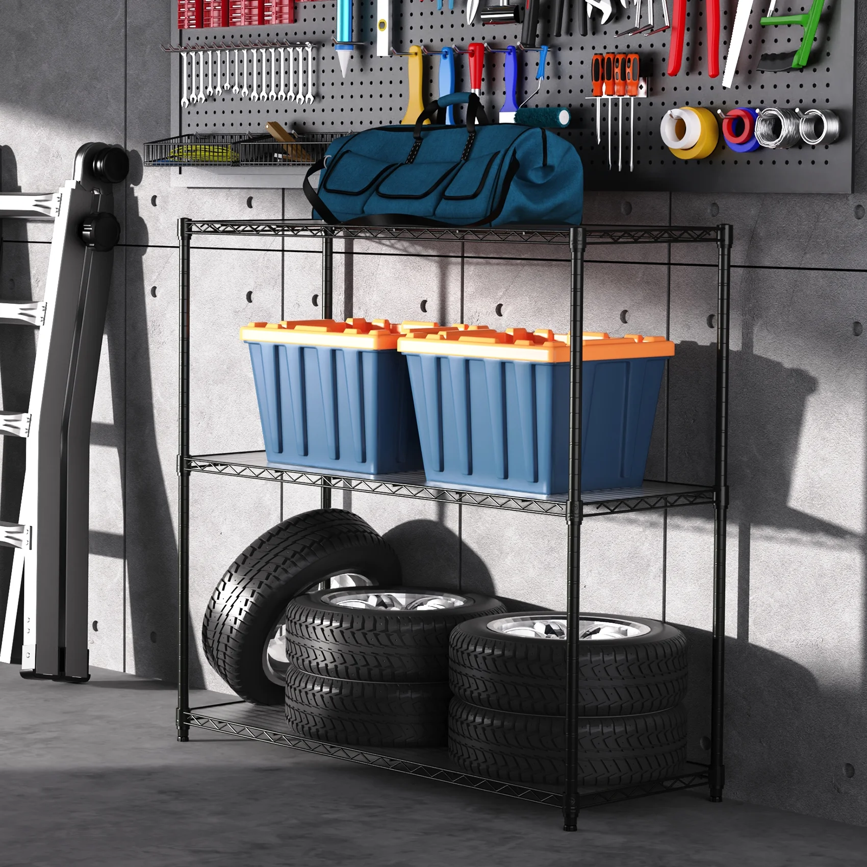 Miniyam 3 Tier Wire Shelving Unit, 2 Packs 1050 LBS NSF Adjustable Metal Garage Storage Shelves, Heavy Duty Storage Wire Rack, Black