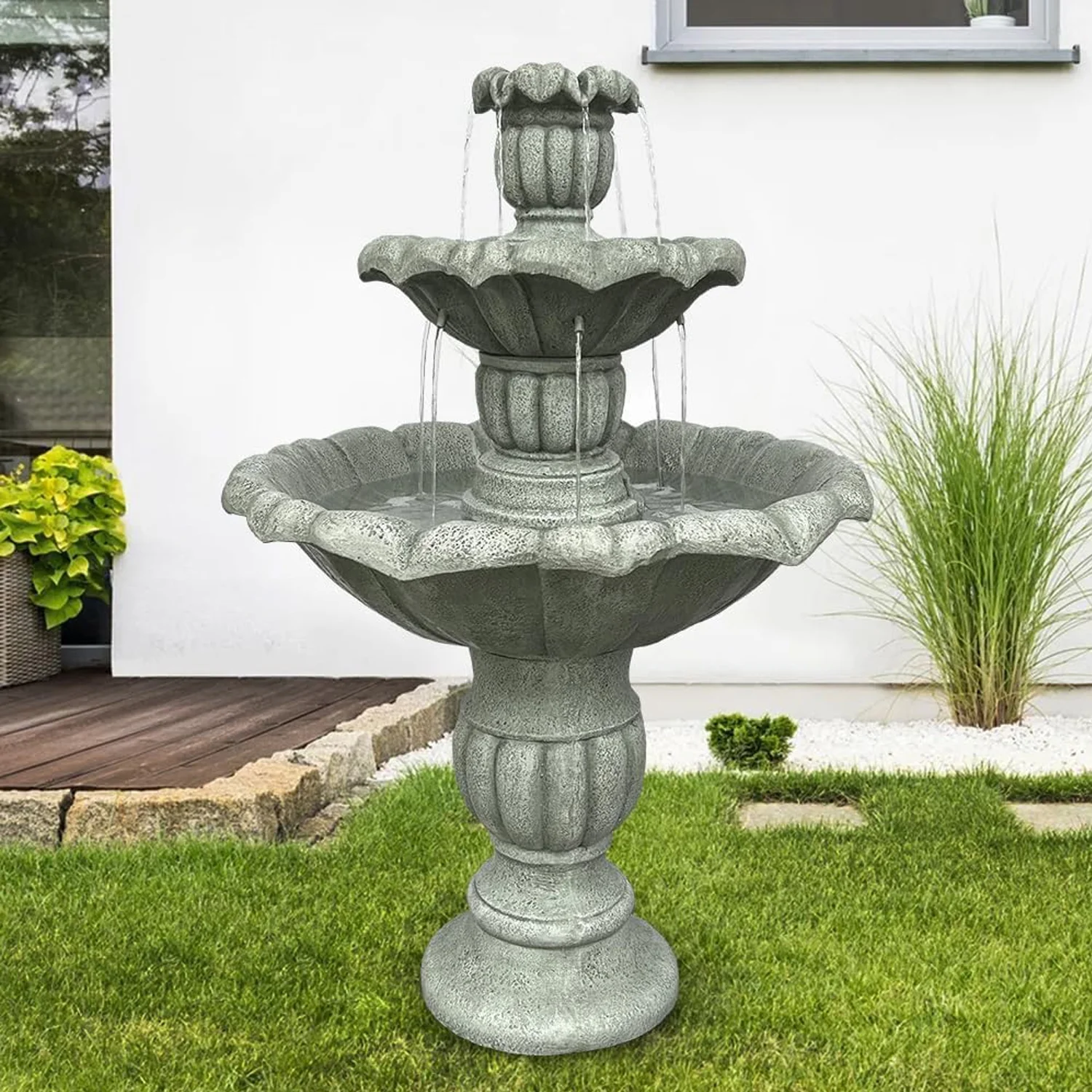 48-?H Outdoor Floor Water Fountain, 3-Tiers Concrete Water Fountain with Submersible Electric Pump - Garden Cascading Waterfall for Yard Patio Lawn Home Decor