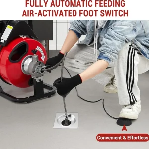 Telyswee Drain Cleaner Machine 100ft x 1/2inch Auto-feed Electric Drain Auger for 1in to 4in Pipes, w/ 8 Cutters & Air-activated Foot Switch, 250W/370W 1700RPM Drain Sewer Snake Drain Auger Cleaner