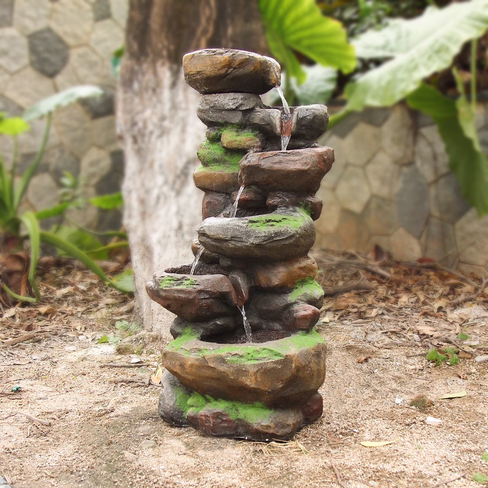 6-Tiered Outdoor Floor Rock Water Garden Fountain 37.4''H Cascading Waterfall Water Feature Indoor for Home Decor Patio Yard with LED Lights and Natural Stone Look
