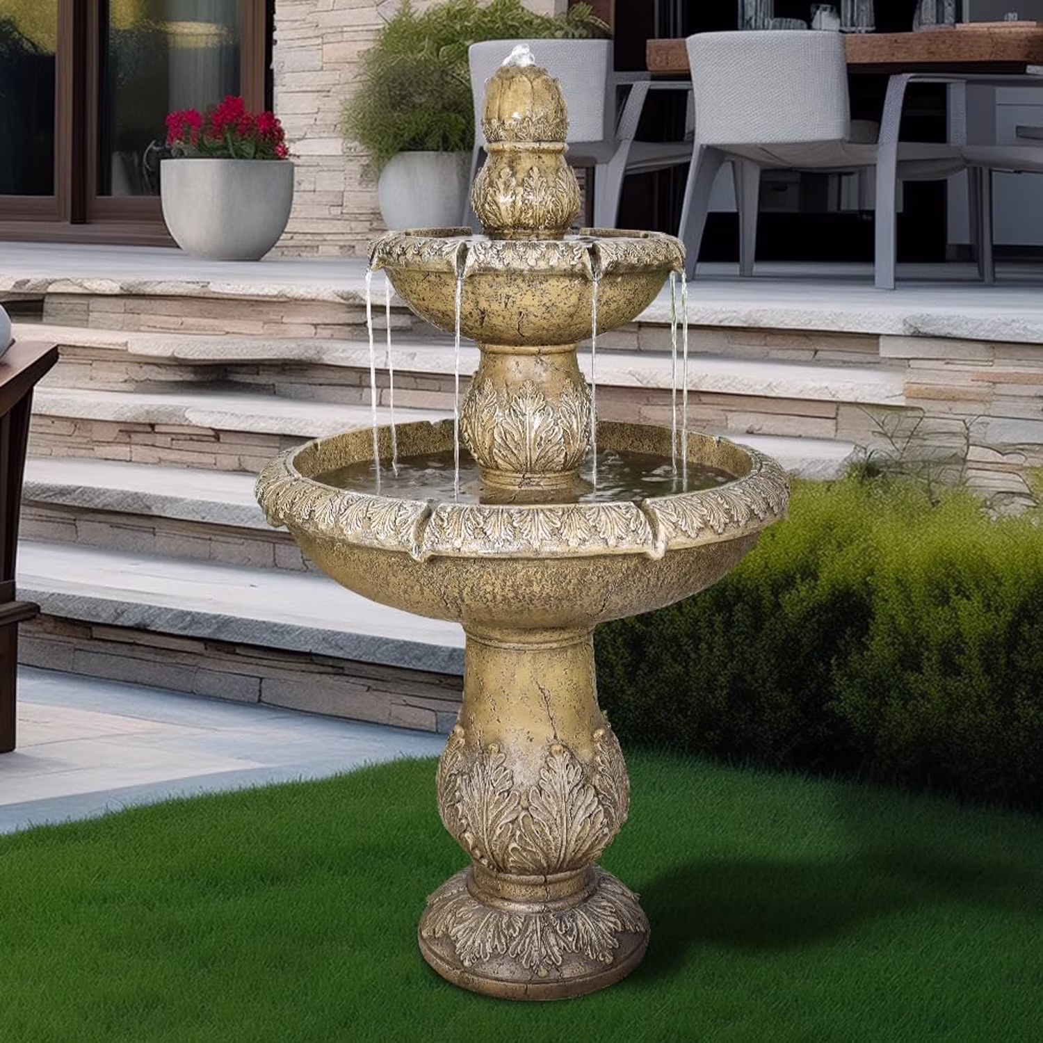 48-?H Outdoor Floor Water Fountain, 3-Tiers Concrete Water Fountain with Submersible Electric Pump - Garden Cascading Waterfall for Yard Patio Lawn Home Decor