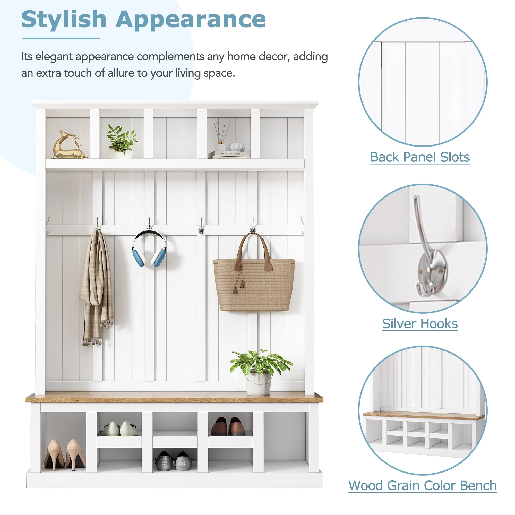 Bellemave 59"W Farmhouse Hall Tree with Storage Shelves and Shoes Rack Multi-functional Coat Rack with Hooks Entryway Shoes Storage Seating Bench Coat Hanger for Hallway (Black, With Shoes Rack)