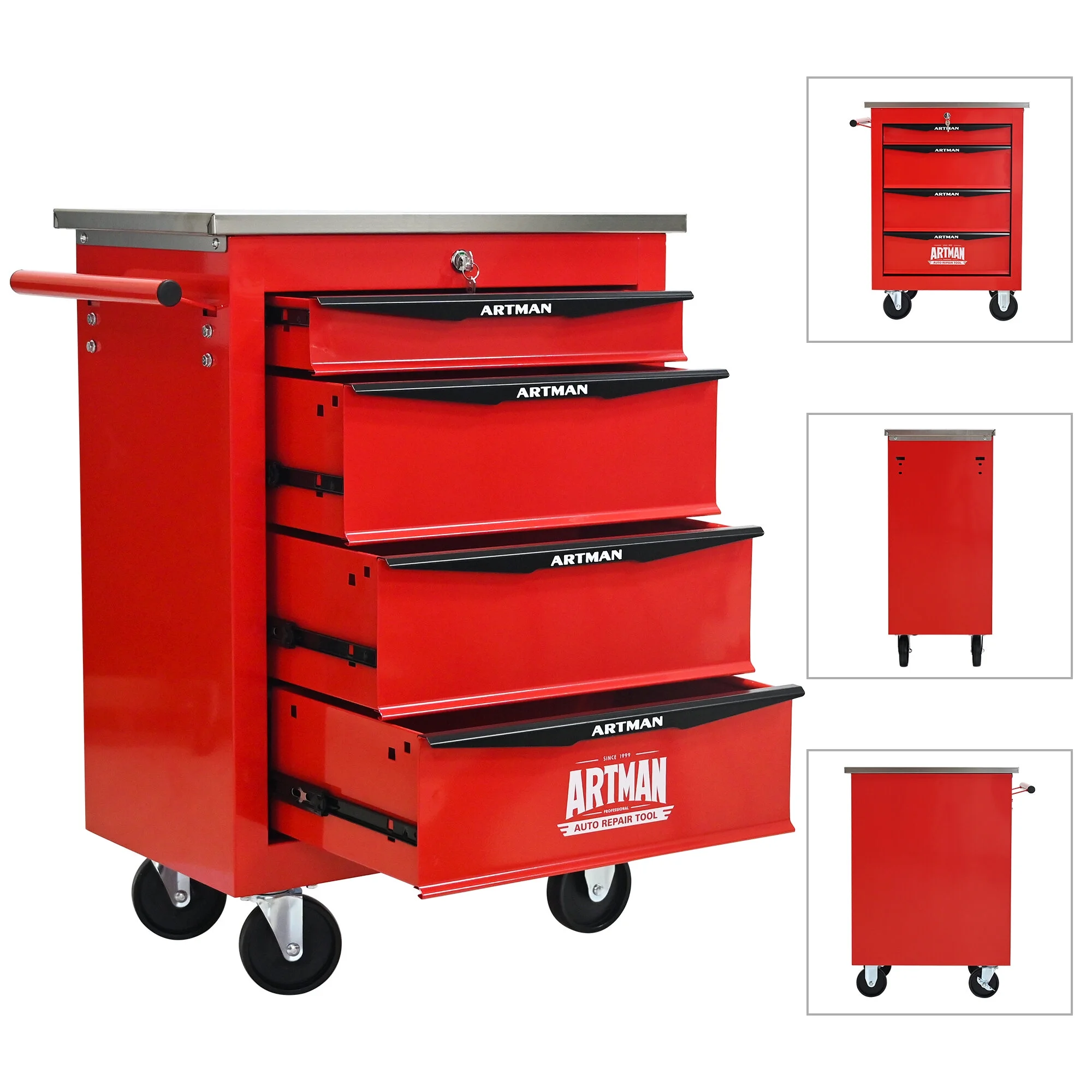 Tool Cabinets 4 Drawers Multifunctional Tool Cart with Wheels,Metal Rolling Tool Cart Storage for Garage Workshop Warehouse Repair Shop--With Stainless Steel Roof- Red&Black,Garage Tool Cabinets