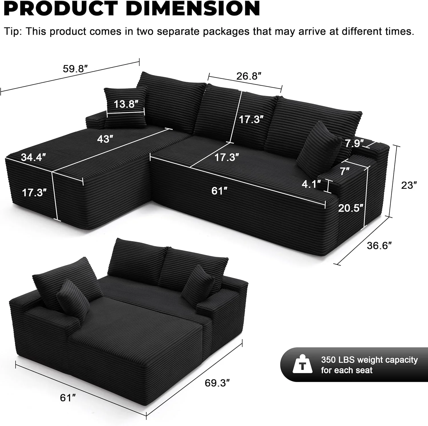 110 Cloud Sectional Couch, Boneless Sofa for Living Room Modular Sectional Sofa with Deep Seat