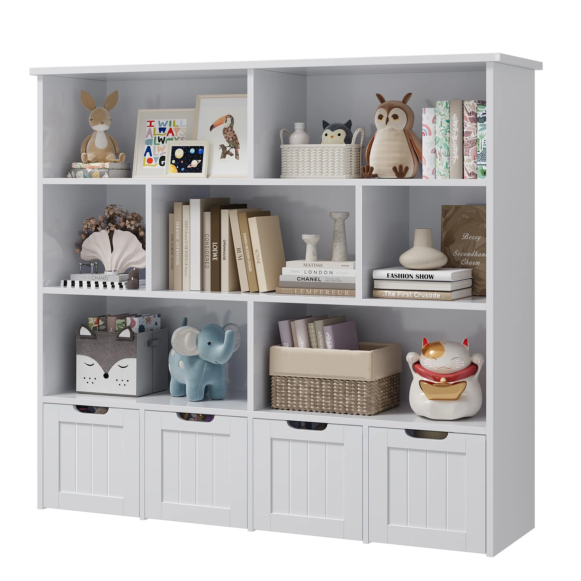 Homfa 7 Cube Toy Storage Organizer, Kids Geometric Bookcase and Bookshelf with 4 Drawers, White