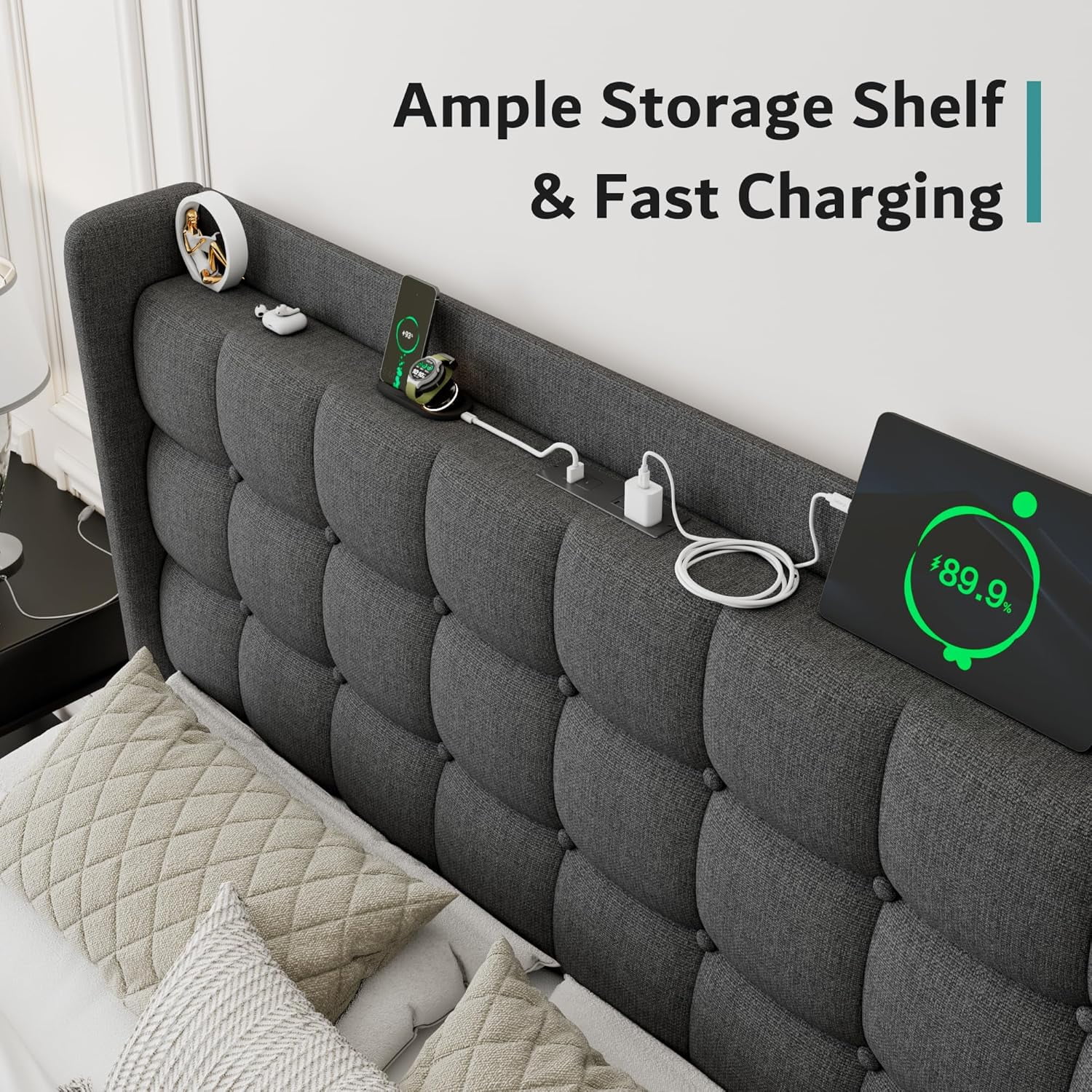 ipormis Full Size Bed Frame with Charging Station-Upholstered Platform Bed Frame with Wingback Storage Headboard, No Box Spring Needed,Light Grey