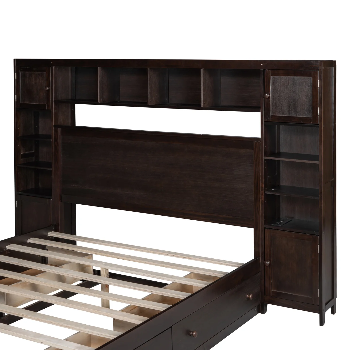 Queen Size Bed Frame with Headboard Storage and Outlet, Modern Solid Wood Storage Bed with 4 Underbed Drawers, Durable and Noiseless,Espresso