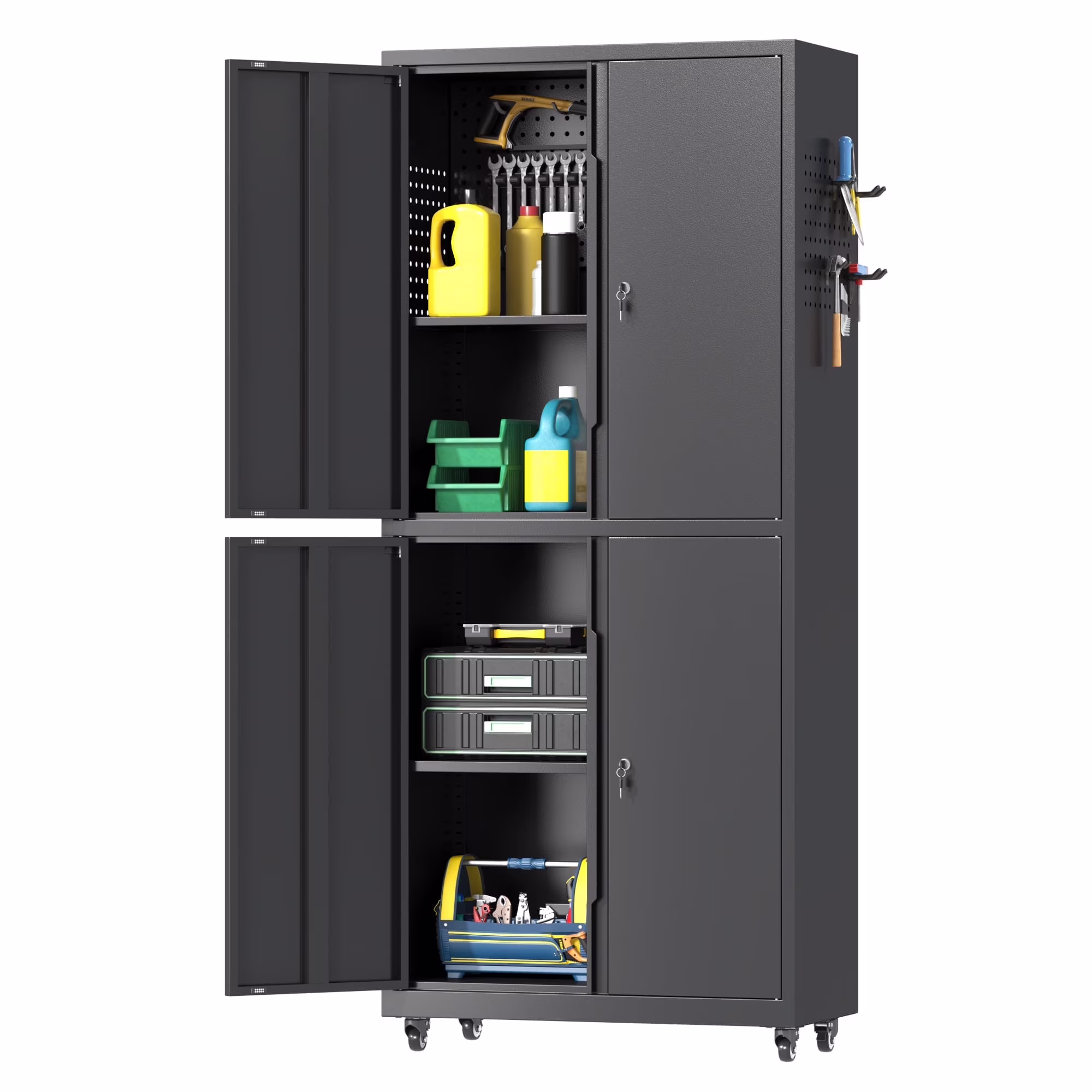 Firstsky Metal Garage Storage Cabinet with Wheels, Adjustable Rolling Tool Storage Cabinet with Lock, 34" Steel Locking Tool Cabinet with Doors and Shelves-Black&Gray, 34.3" H-