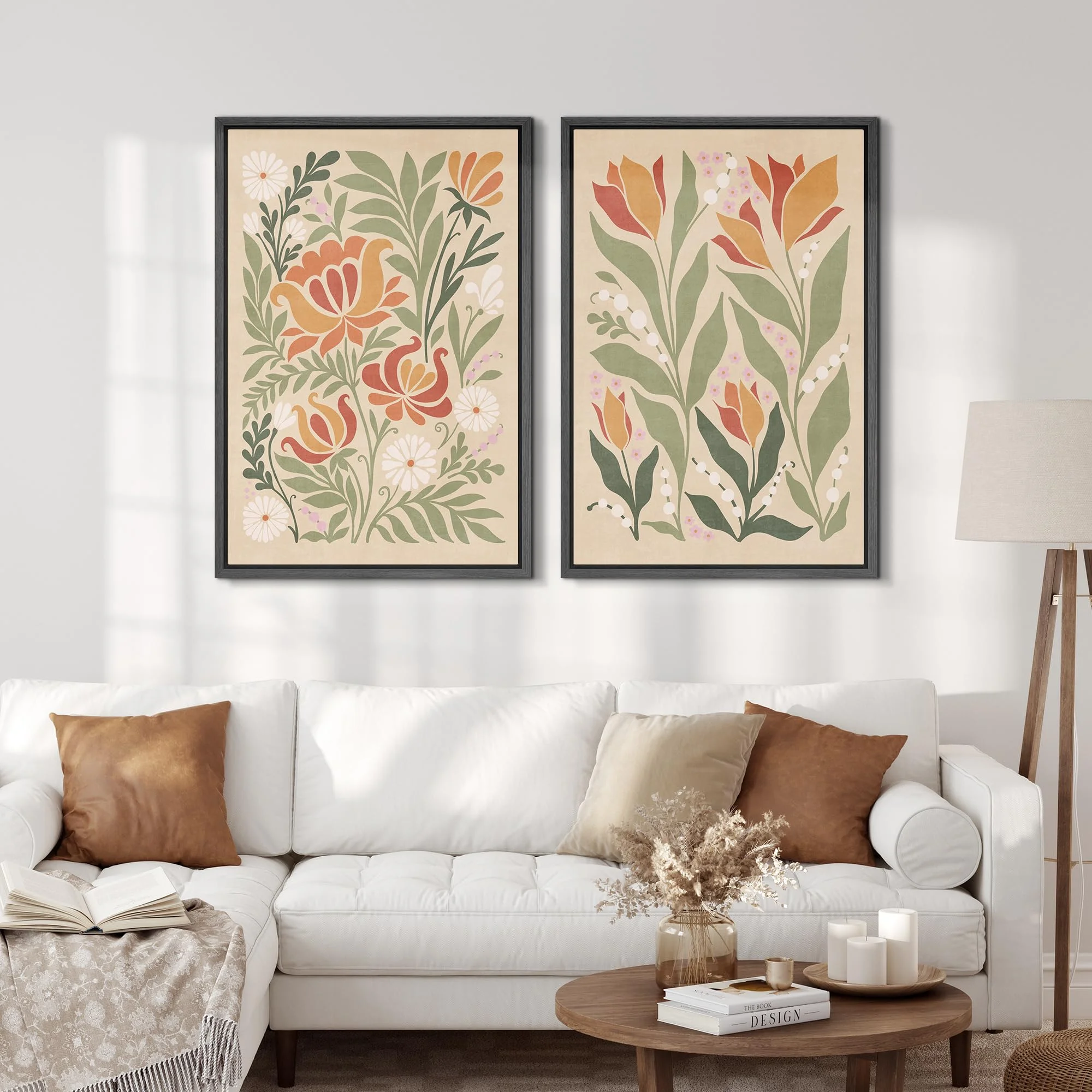 IDEA4WALL Framed Canvas Print Wall Art Set Vintage Floral Classic Botanical Illustration Abstract Garden Flowers Boho Art Modern Wall Decor Colorful Chic Artwork for Home Decor - Natural 24"x36"x2