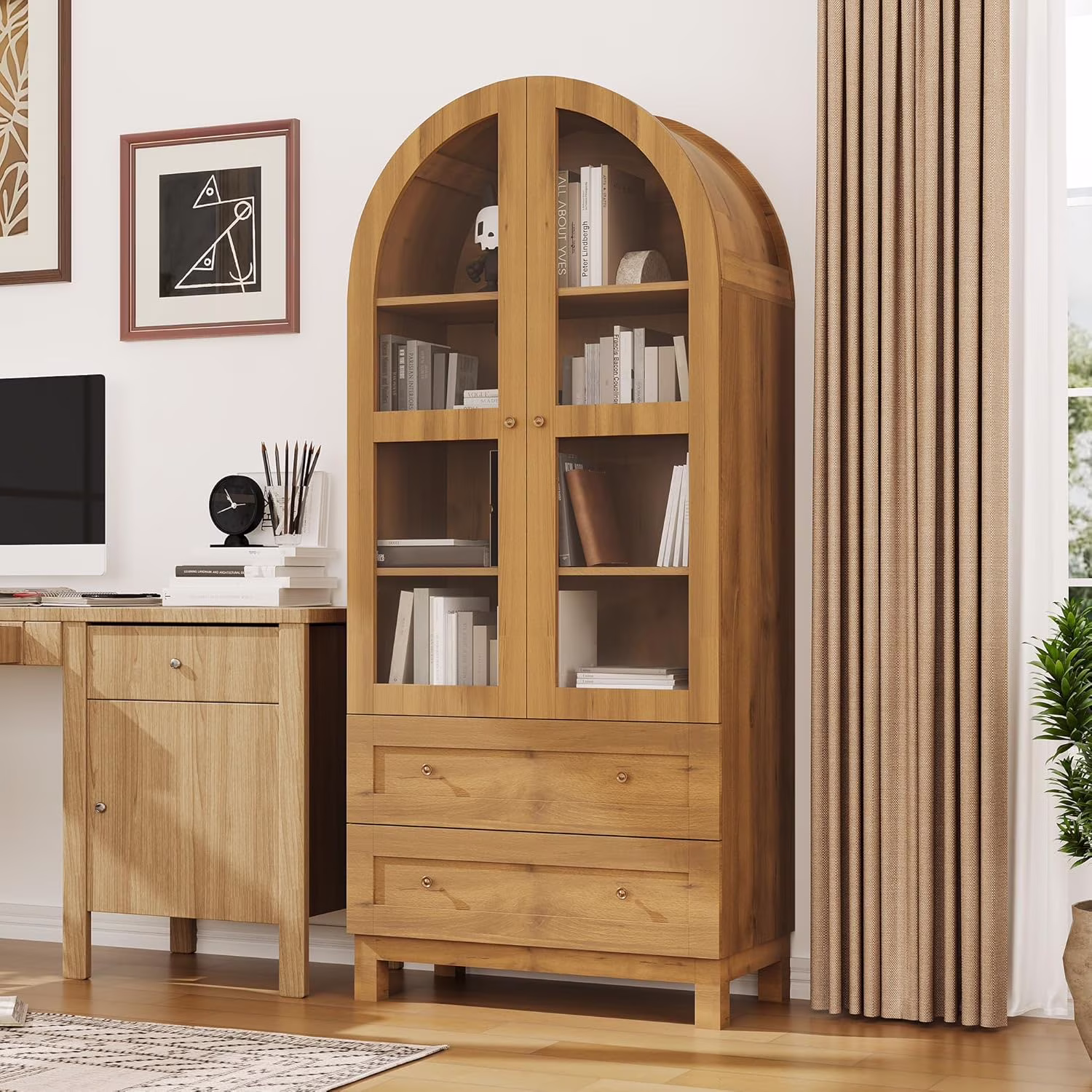 Litake 71" Tall Arched Bookshelf, Modern Bookcase with 2 Drawers, Glass Door and Adjustable Shelf, Wooden Display Cabinet, Versatile Bookshelf Kitchen Storage Pantry for Living Room, Bedroom- Natural