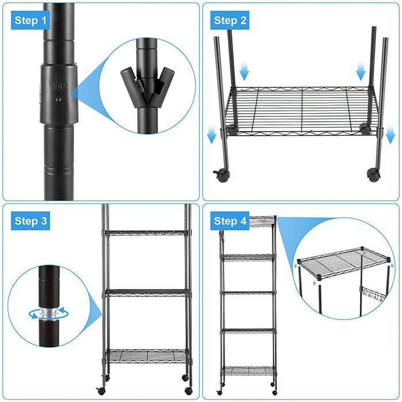 5-Tier 600 lbs Carrying Capacity Wire Shelf 72" Steel Shelf Tier Height Adjustable Metal Racks with 4 Wheels & 4 Hooks for Garage Kitchen Storage Organizer Shelving Unit