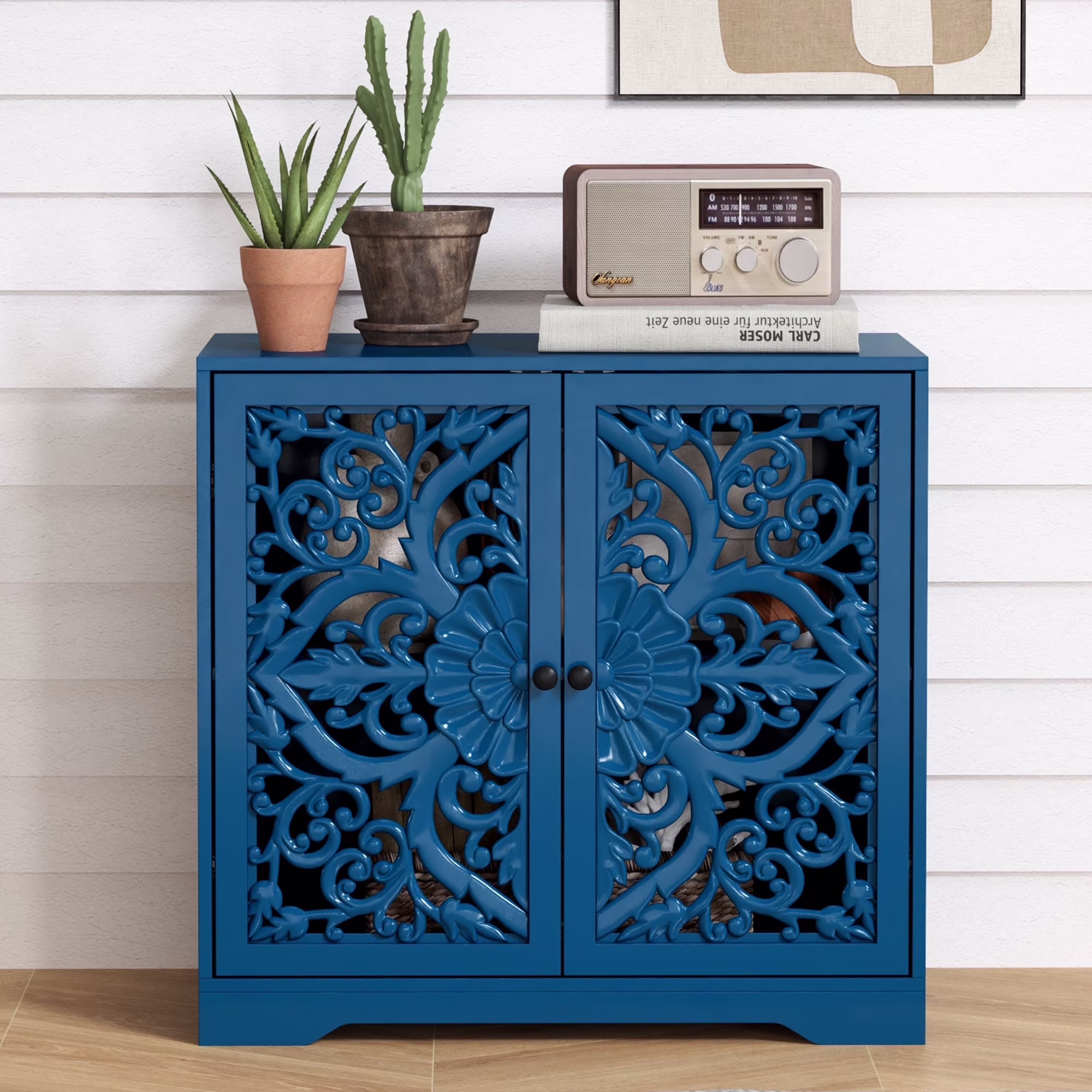 Accent Cabinet with Hollow Carved Door for Entryway Hallway, Blue Sideboard Buffet Cabinet, Storage Cabinet for Living Room