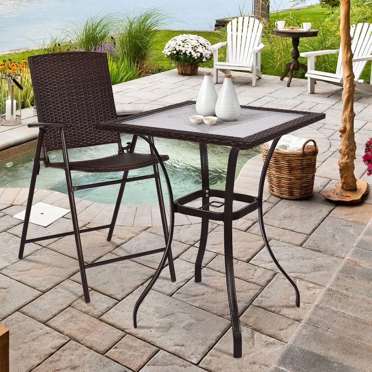 Patiojoy Patio 28.5" Square Bar Table with Umbrella Hole and Glass Top, Black