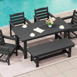 SERWALL 7-Piece Patio Table Set, Outdoor HDPE Dining Furniture with Umbrella Hole, All Weather Table and Chairs for Lawn, Garden, Poolside, Aruba