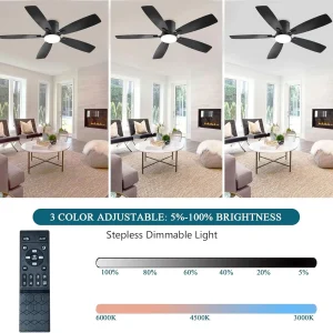 42 Inch Low Profile Ceiling Fans with Lights and Remote, Flush Mount Modern Ceiling Fan, 3 CC T DC Ceiling Fan for Bedroom, Living Room, Brushed Nickel