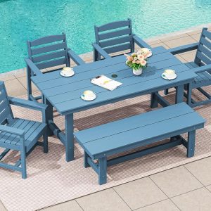 SERWALL 7-Piece Patio Table Set, Outdoor HDPE Dining Furniture with Umbrella Hole, All Weather Table and Chairs for Lawn, Garden, Poolside, Aruba