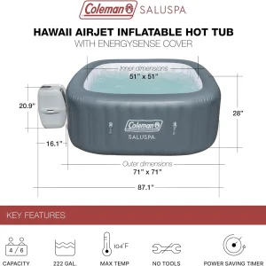 Coleman SaluSpa Atlantis AirJet 4 to 6 Person Inflatable Hot Tub Square Portable Outdoor Spa with 140 Soothing Jets with Cover, Blue