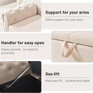 Furniliving Modern Storage Ottoman Bench, Sherpa Ottoman End of Bed Bench with Solid Wood Legs Upholstered Ottoman Benches with Storage Indoor Bench for Living Room with Rolled Arm, Entryway, White