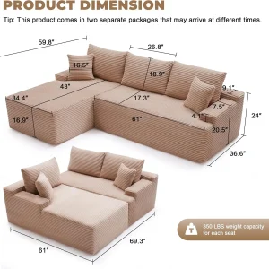 110 Cloud Sectional Couch, Boneless Sofa for Living Room Modular Sectional Sofa with Deep Seat