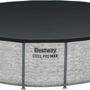 Steel Pro MAX 14 Foot x 48 Inch Round Metal Frame Above Ground Outdoor Swimming Pool Set with 1,000 Filter Pump, Ladder, and Cover, Gray