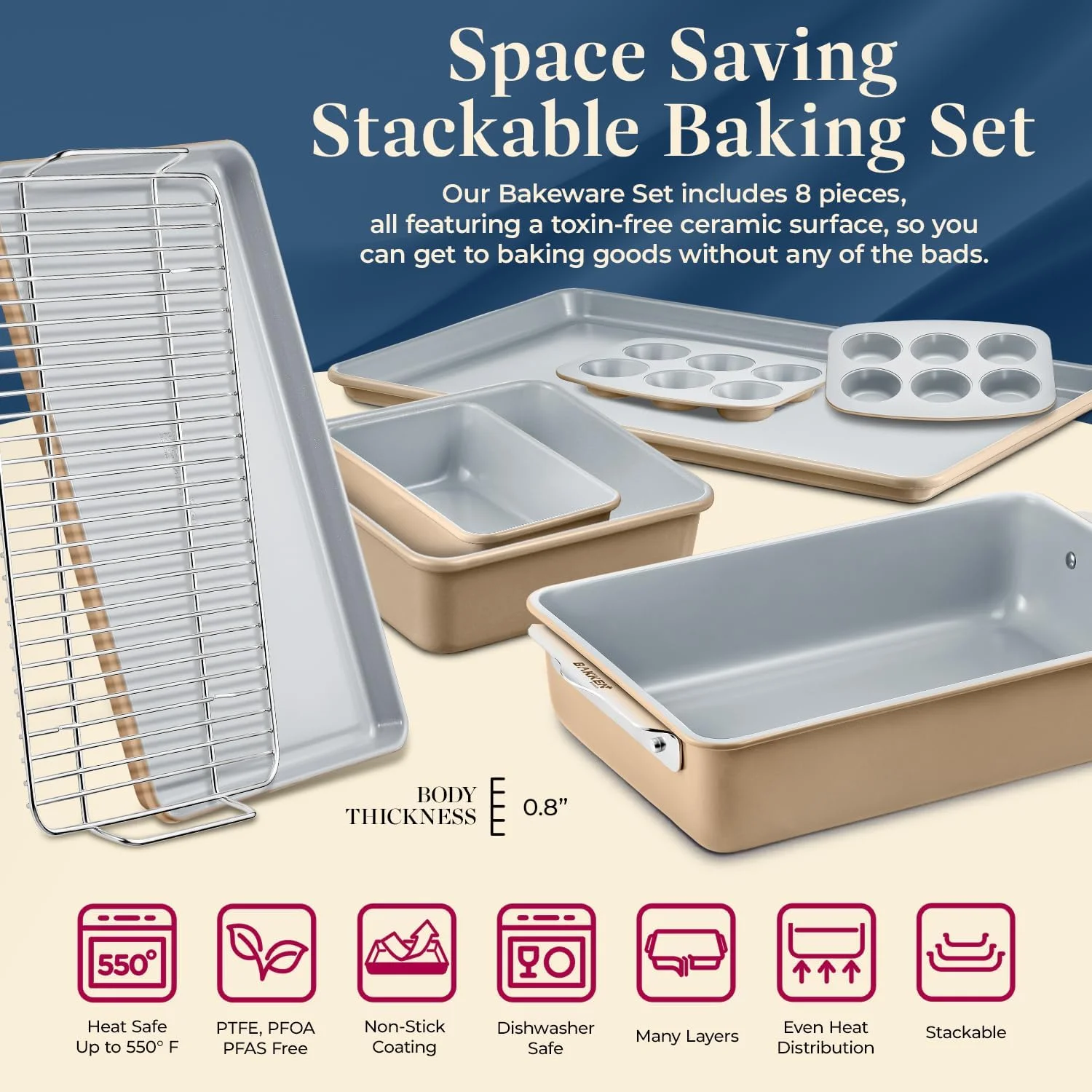 8-Piece Stackable Bakeware Set - Aluminized Steel with Ceramic Non-Stick Coating, Healthy Baking, Ergonomic Handles, Cooling Rack, Non-Toxic, Oven-Safe, Durable Quality