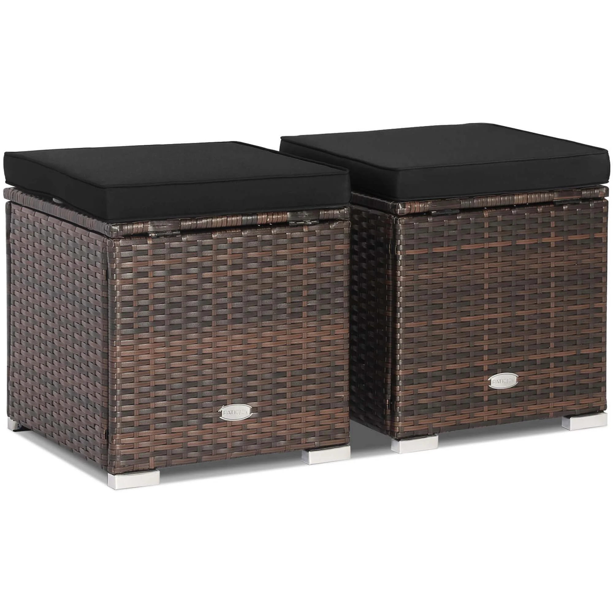 Costway 2PC Patio Rattan Ottoman Seat Side Table Storage Box Footrest Off White