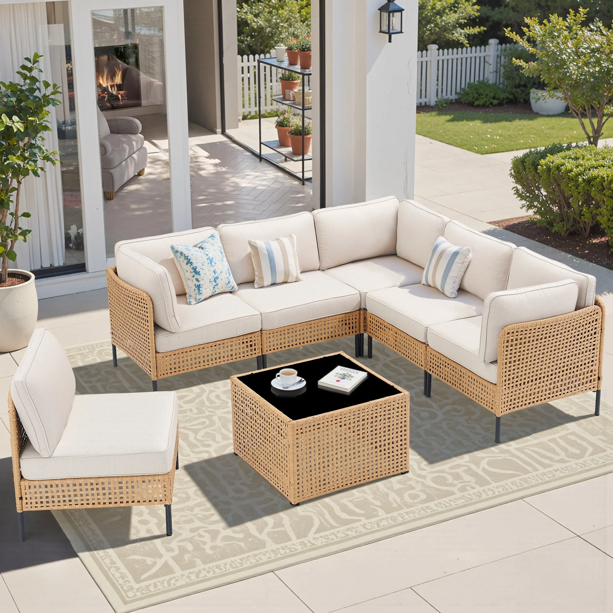 PPorfamilia Outdoor Modular Sectional Furniture Set, 7 Piece Natural PE Rattan Sofa Set with 2 Corner Chairs, 4 Middle Chairs, Side Table, and Beige Deep Seat Cushions, for Patio Backyard Deck