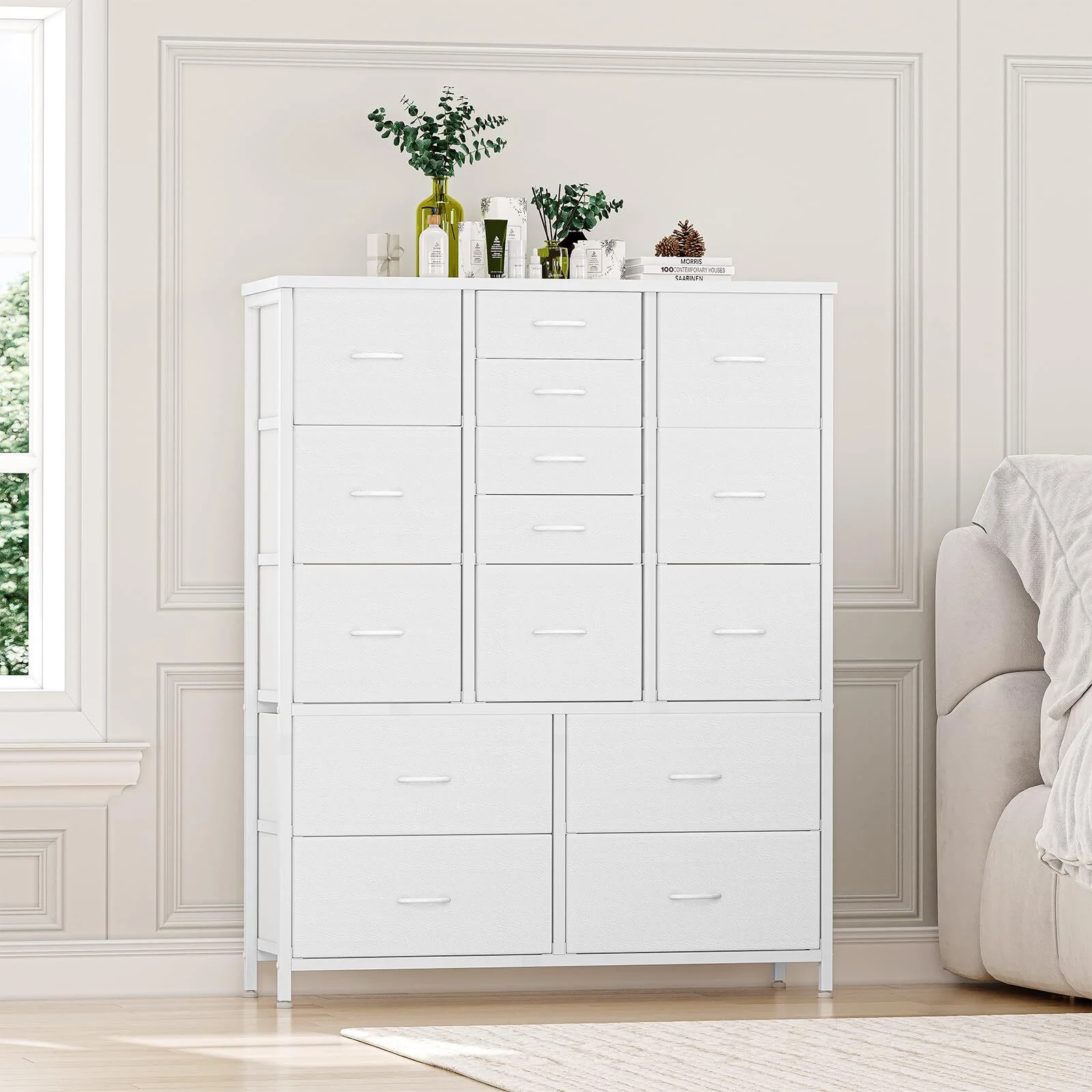 Garvee 15 Drawers Dresser for Bedroom Tall Chest of Drawers, Metal Frame & Wood Top Storage Organizer Cabinet with Fabric Drawers for Living Room, Entryway, Hallway, Closet, White