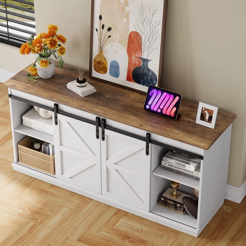 Furmax 65 inch TV Stand Entertainment Center with Sliding Barn Doors and Storage,White