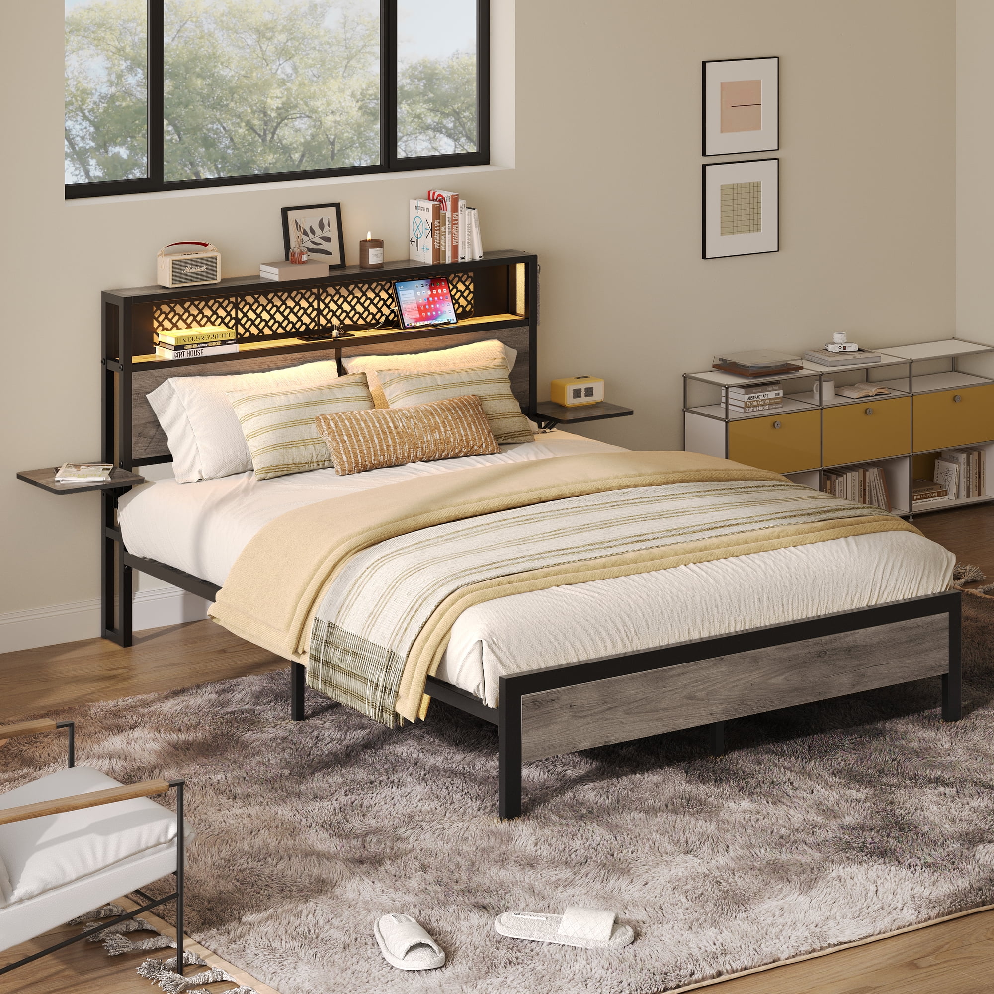 Bestier Queen Size Platform Bed Frame with Wood Foldable Bedside Shelves and LED Storage Headboard Charge Station, Gray