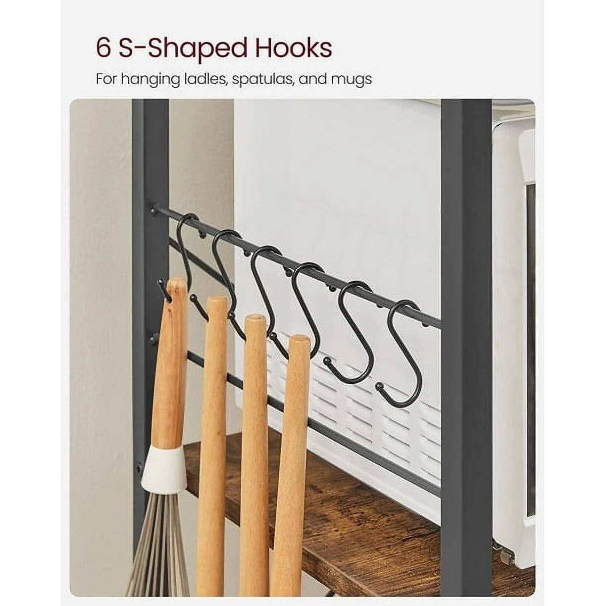 VASAGLE Baker's Rack Microwave Stand Kitchen Storage Rack with Wire Basket 6 Hooks & Shelves for Spices Pots & Pans Rustic Brown and Black Rustic Brown and Black