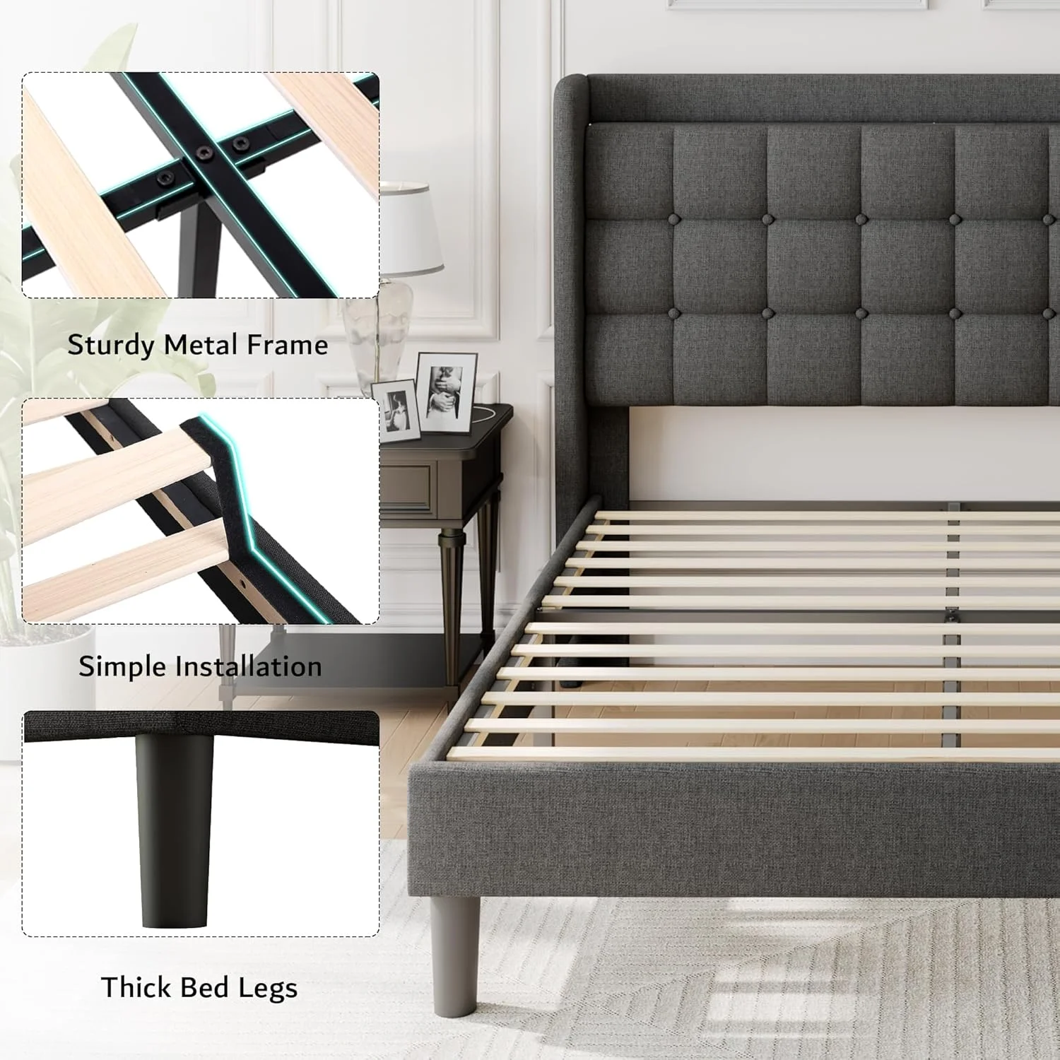 ipormis Full Size Bed Frame with Charging Station-Upholstered Platform Bed Frame with Wingback Storage Headboard, No Box Spring Needed,Light Grey