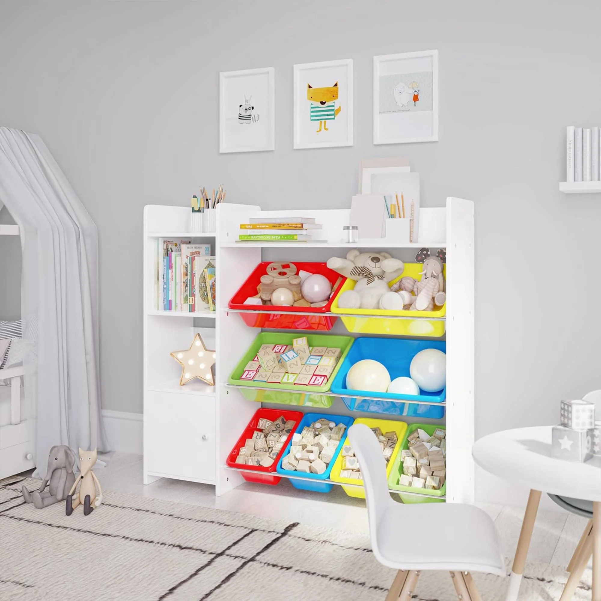 Sturdis Kids Toy Storage Organizer With Bookshelf and White Bins