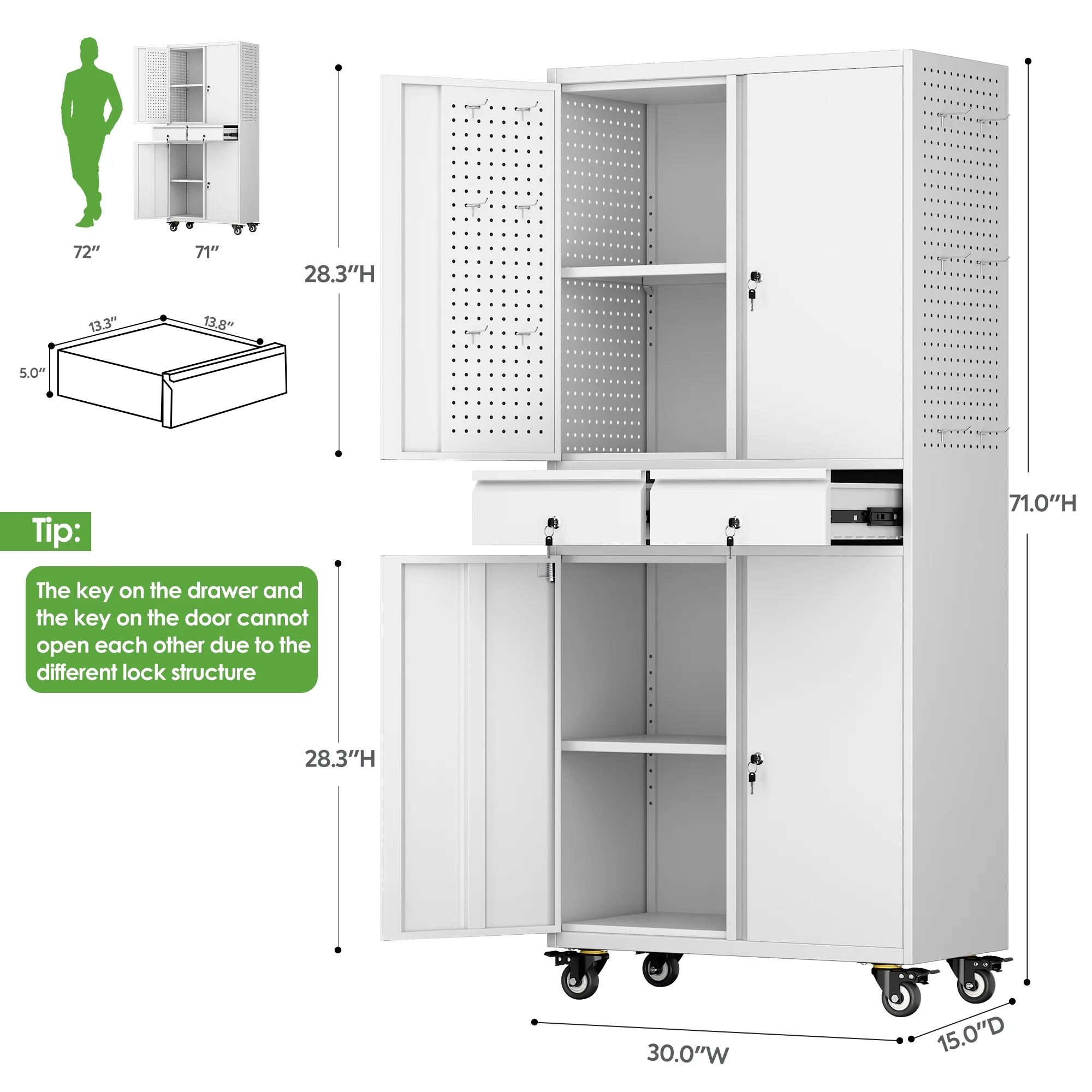 GangMei 71-Inch Metal Lockable Storage Cabinet with Pegboards and 5 adjustable shelves, White, Assembly Required