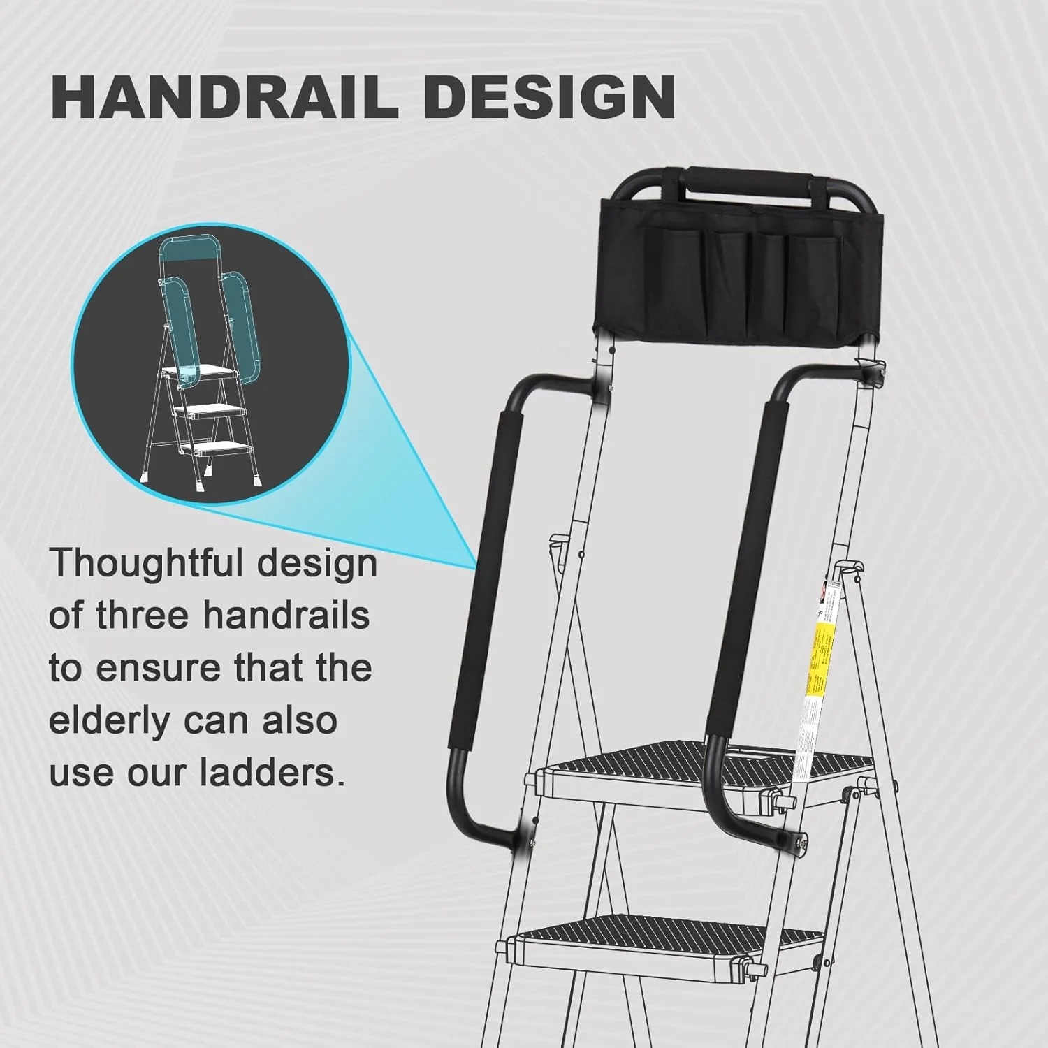 HBTower 4 Step Ladder with Handrails and Tool Bag, Folding Step Stool with Attachable  Anti-Slip Wide Pedal, Black