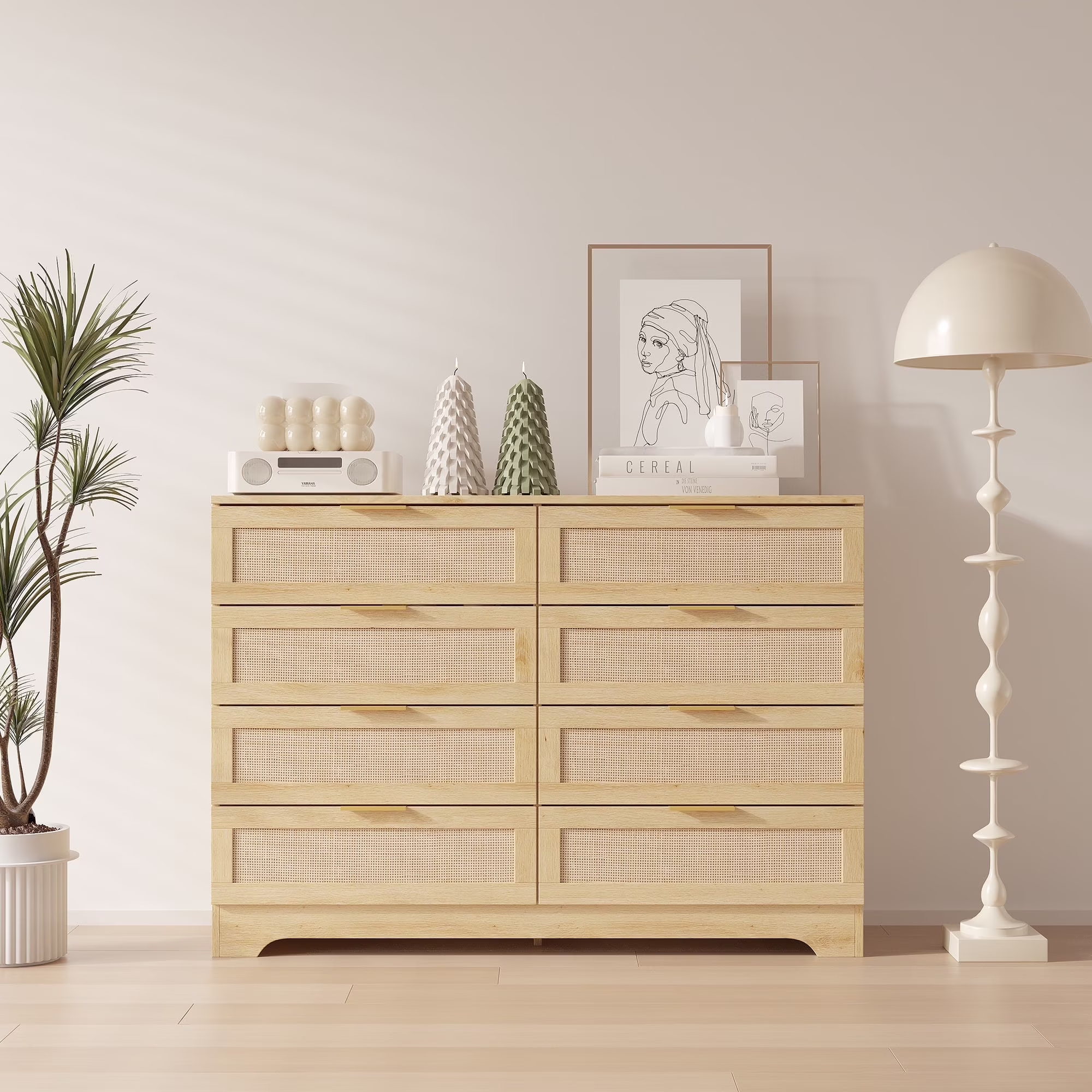 LAZZO 3 Modern Drawer Dresser Rattan, Wooden Dresser Chest of Large Storage Cabinet