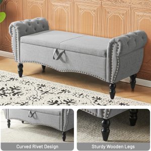 Furniliving Modern Storage Ottoman Bench, Sherpa Ottoman End of Bed Bench with Solid Wood Legs Upholstered Ottoman Benches with Storage Indoor Bench for Living Room with Rolled Arm, Entryway, White