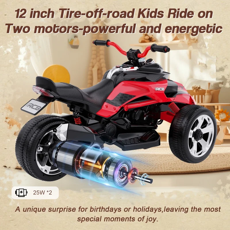 RCB 12V Electric Ride-On,Dual Motors,Music,Up to 5 mph,3 Wheel ATV Style for Kids Ages 3+,Black