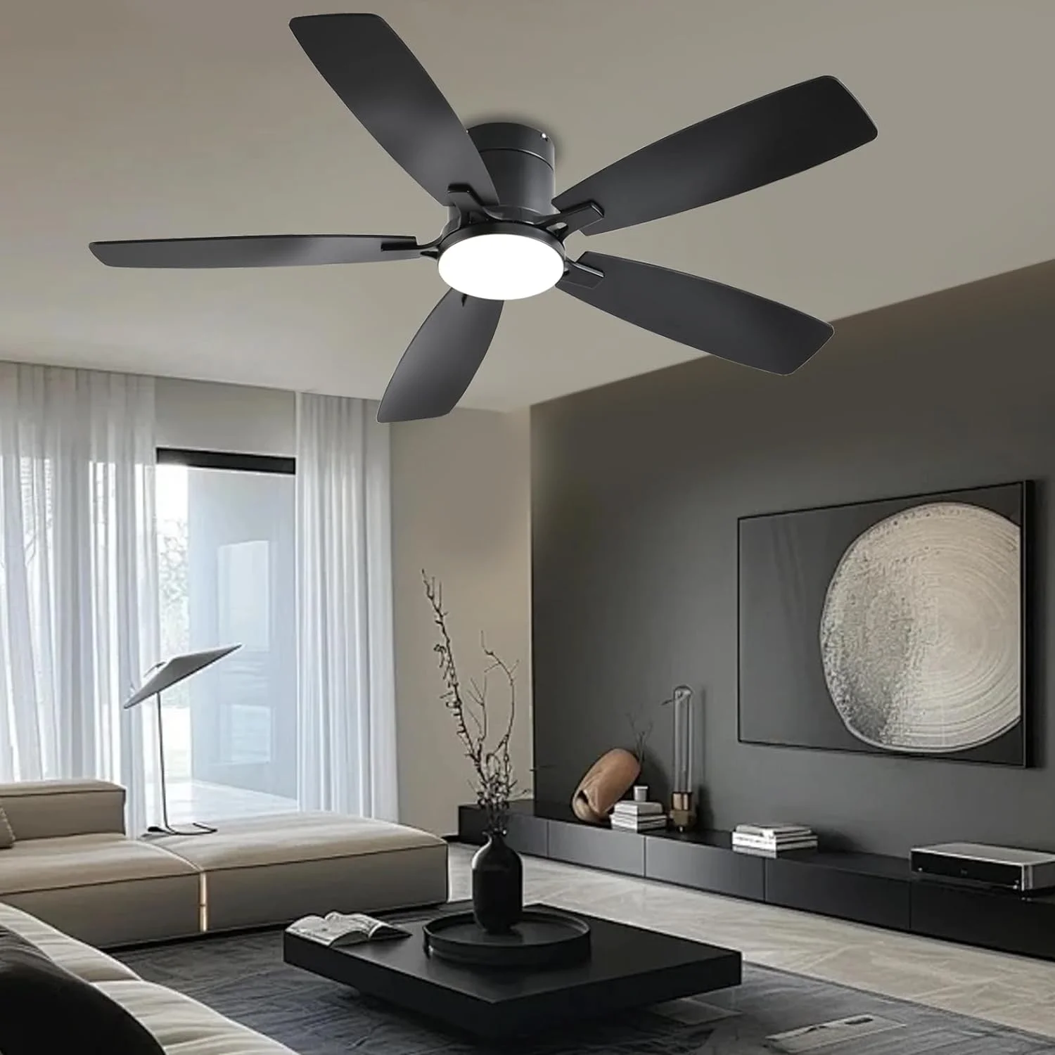 42 Inch Low Profile Ceiling Fans with Lights and Remote, Flush Mount Modern Ceiling Fan, 3 CC T DC Ceiling Fan for Bedroom, Living Room, Brushed Nickel