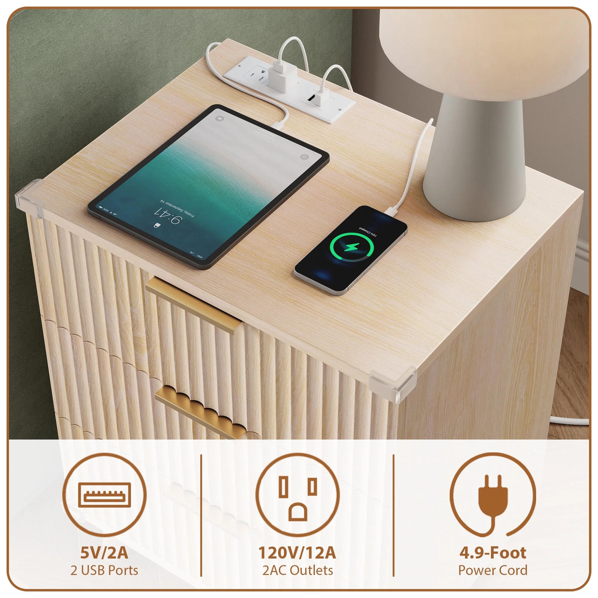 Laintene 3-Piece Boho Bedroom Set - 6-Drawer Dresser & 2 Nightstands with 3 Drawers & USB Charging, Fluted Wooden Storage, Modern Dresser & Nightstand Combo, Natural
