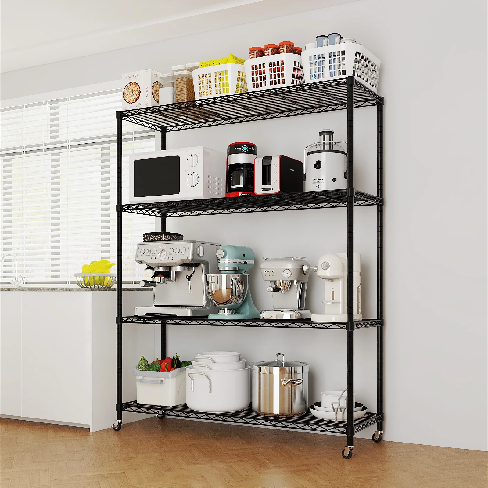 Ktaxon 4 Tier Wire Shelving with Wheels, 46"W x 17.7"D x 65"H Multifunctional Storage Rack Metal Garage Shelves Organizer, Capacity for 800lbs, Black
