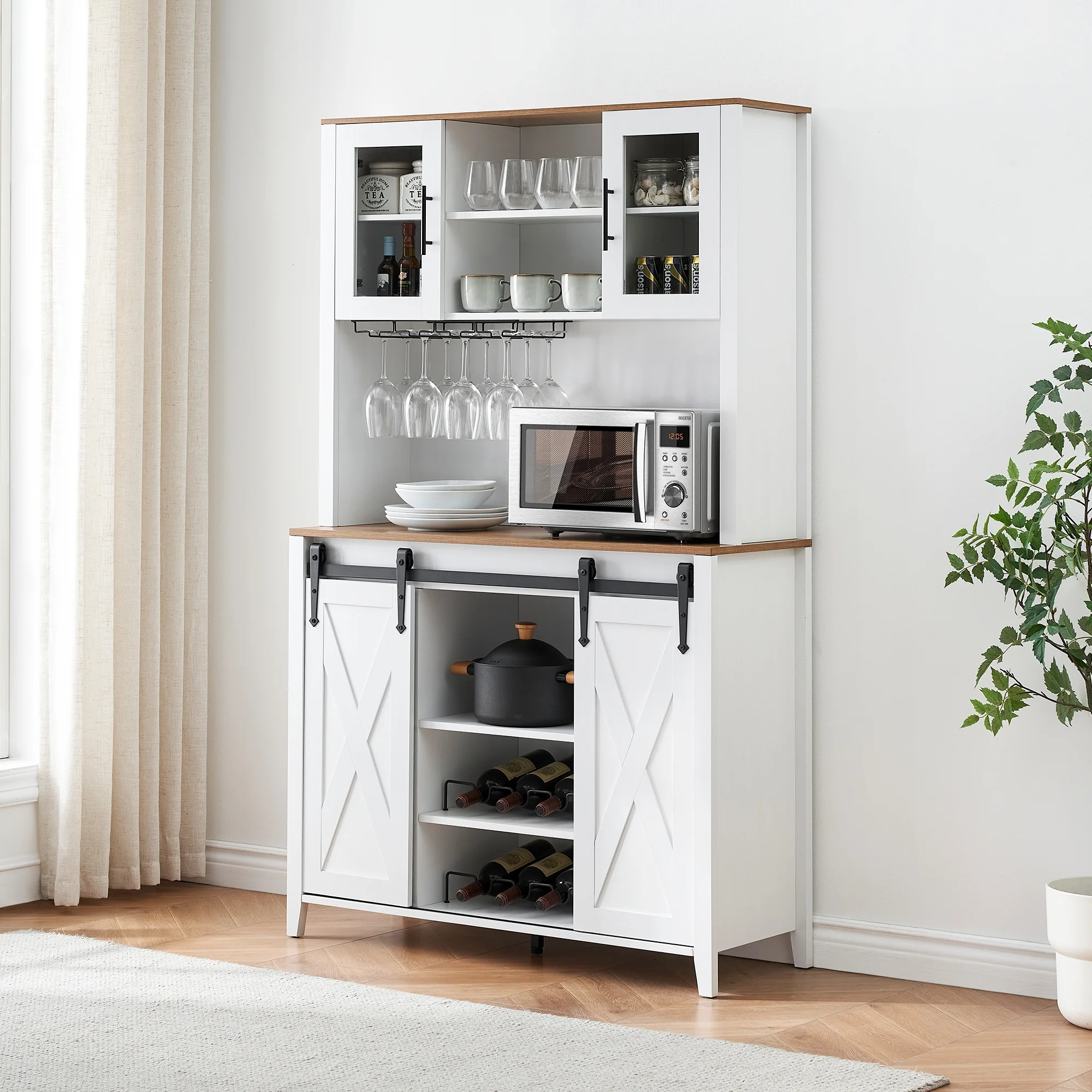 Farmhouse Bar Cabinet with Storage, Kitchen Buffet Cabinet with Sliding Barn Door and 3 Drawers, Coffee Bar with Wine and Glass Rack for Kitchen, Dining Room, White