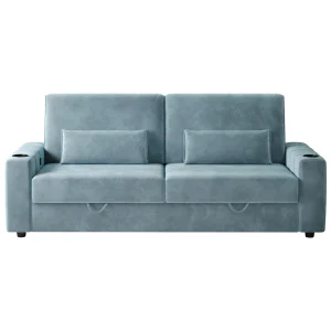 87-Large Loveseat Sofa, 3 Seater Couch with Storage, Velvet Fabric Deep Seat Sofa with Pillow& Cup Holders, Modern Comfy Sofa with USB& Type-C Ports, Home Sofa Couch for Living Room Bedroom