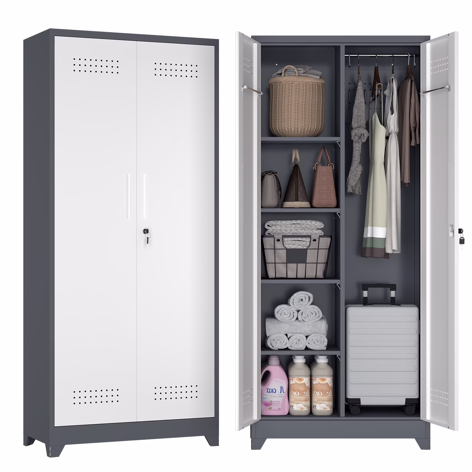 Marcree Broom Closet Storage Cabinet,Cleaning Supply Storage Cabinet,Metal Cleaning Closet Cabinet with Adjustable Shelves for Laundry Room Basement