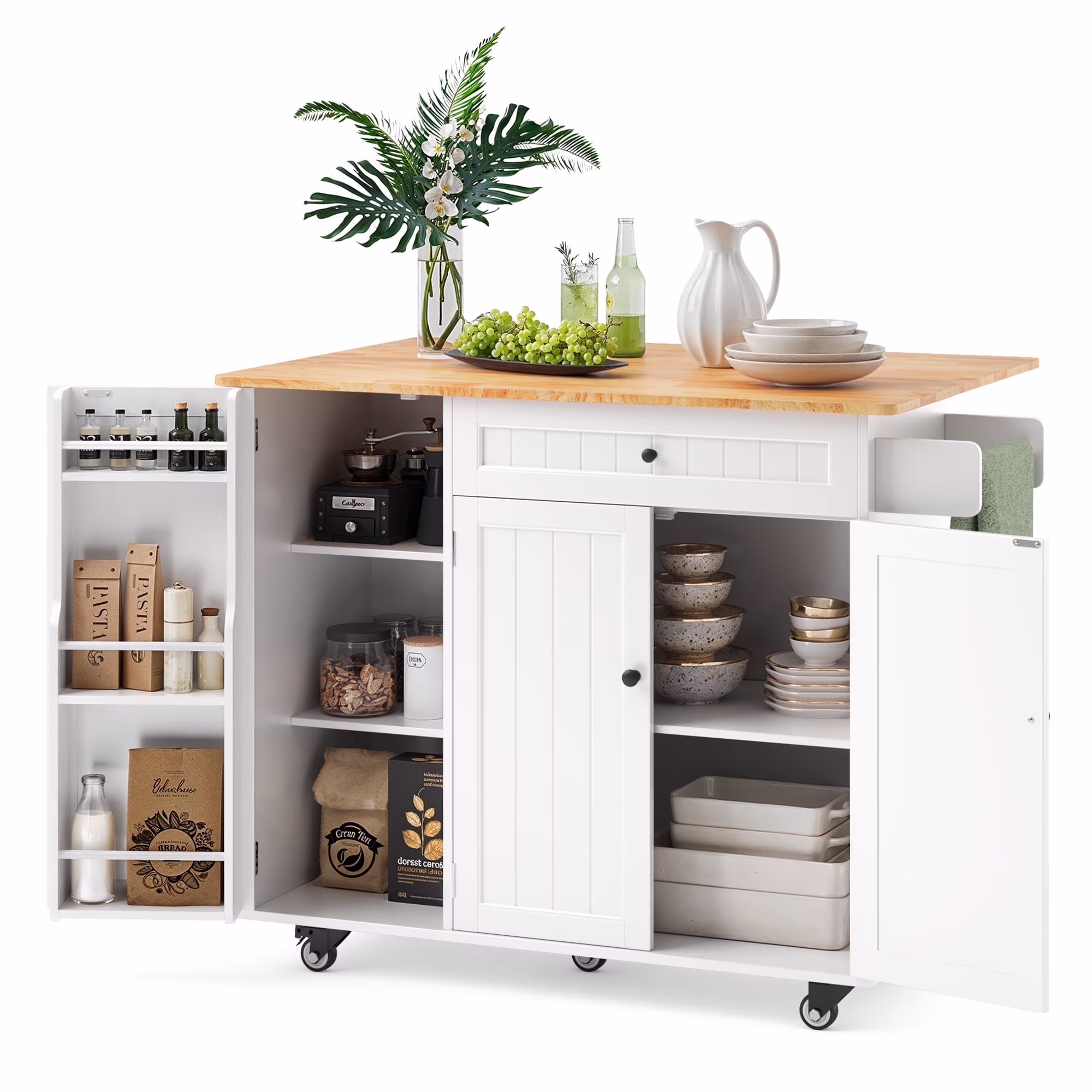 Noelse Kitchen Island with Storage, Island Table for Kitchen with Drop Leaf, Spice Rack, Towel Bar for Small Kitchens, White
