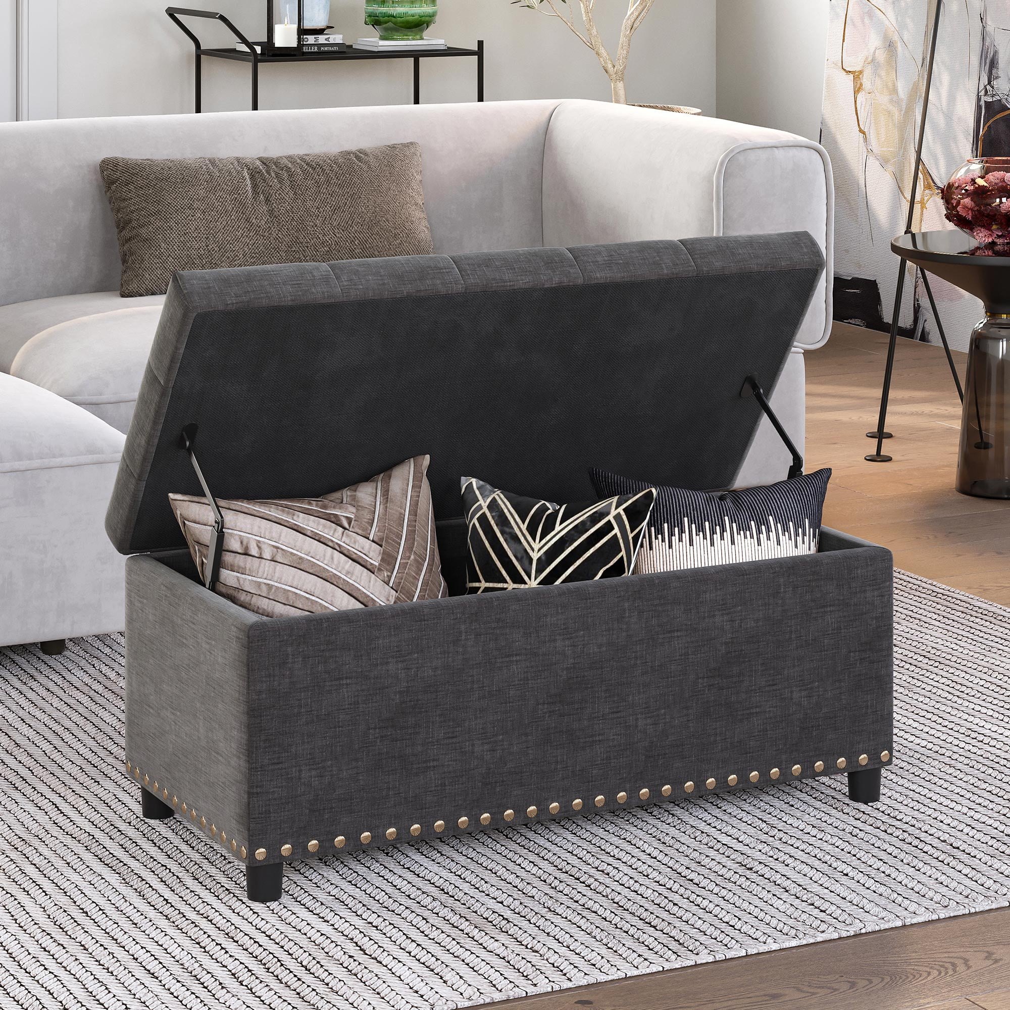 BELLEZE 35 Inch Storage Ottoman, Button-Tufted Ottoman Linen Storage Bench with Safety Close Hinge, Ottoman with Storage for Living Room, Entryway, Hallway, Foot Rest, Support 300lbs - Dark Grey