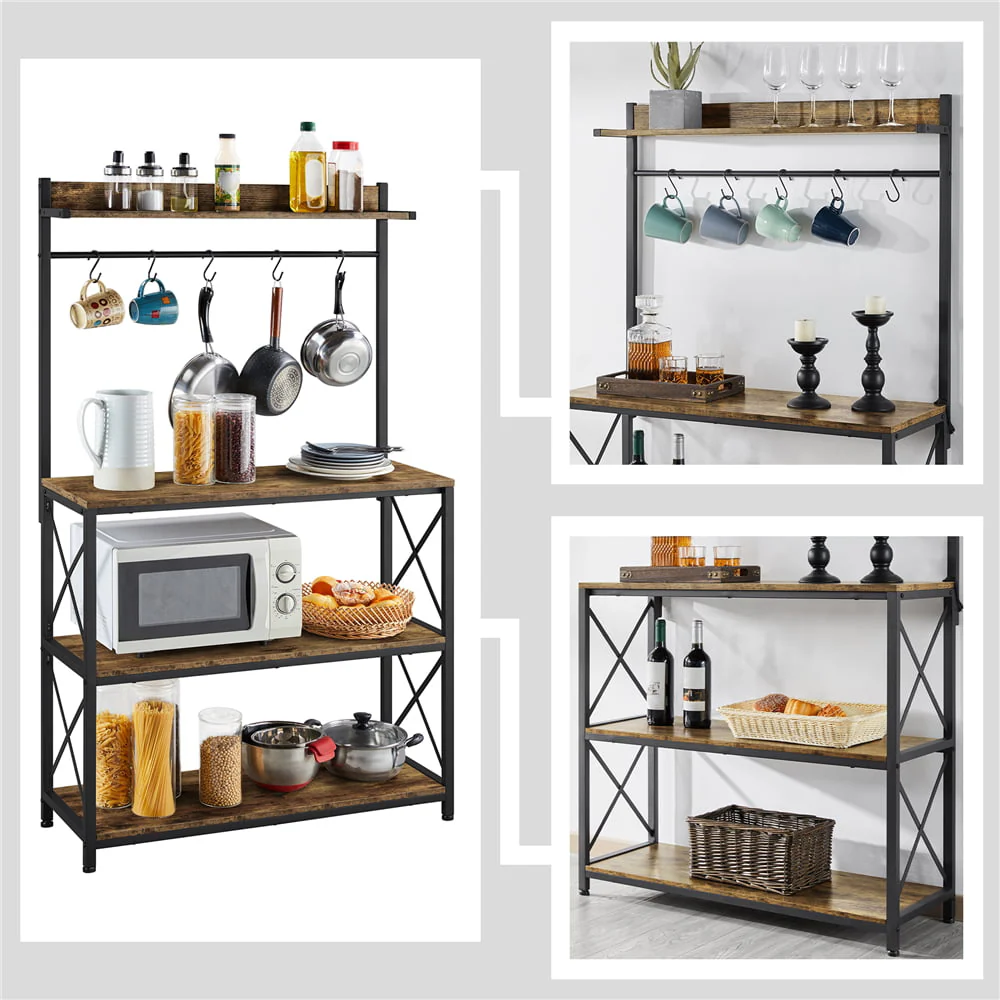 SmileMart 4-Tier Bakers Rack Kitchen Storage Shelf with S-Hooks, Rustic Brown